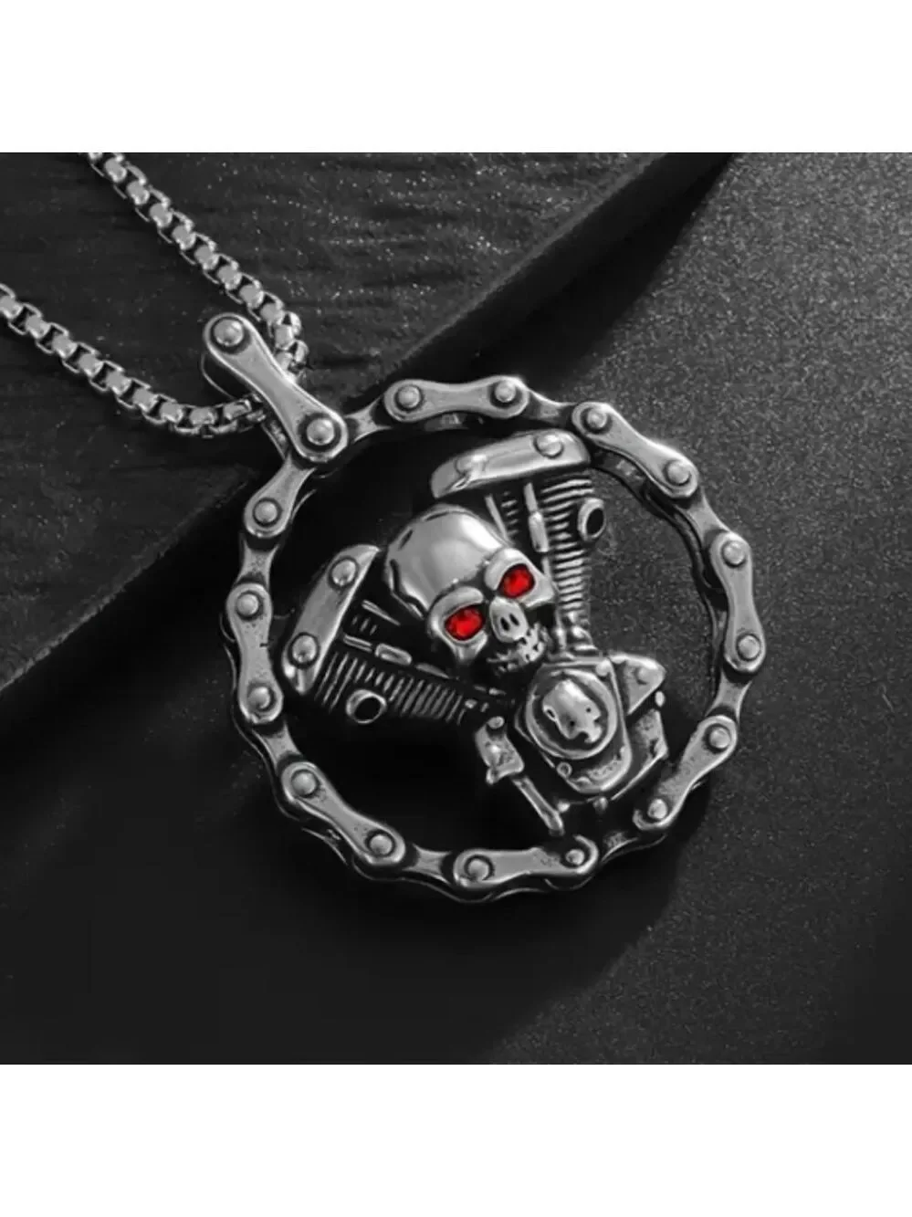 Silvertone Skull Engine Pendant Necklace